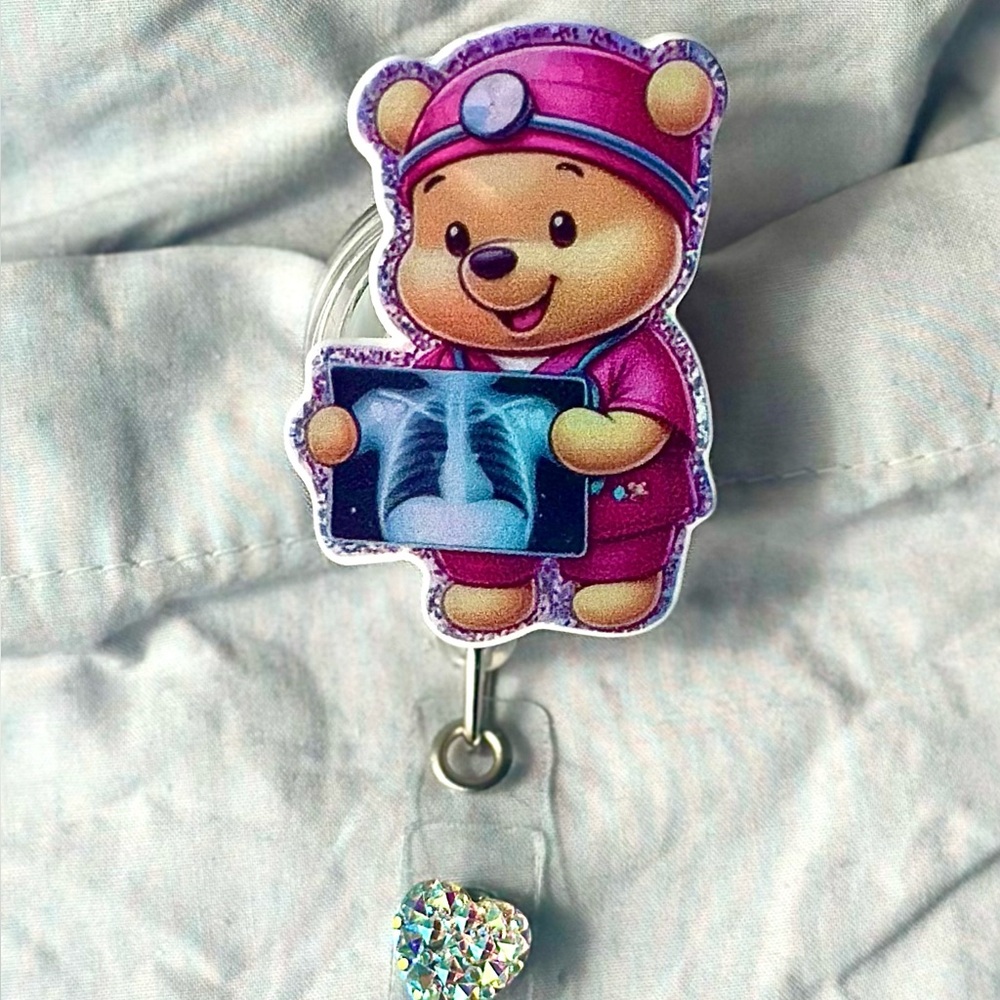 Cute Bear Badge Reel with Heart Charm